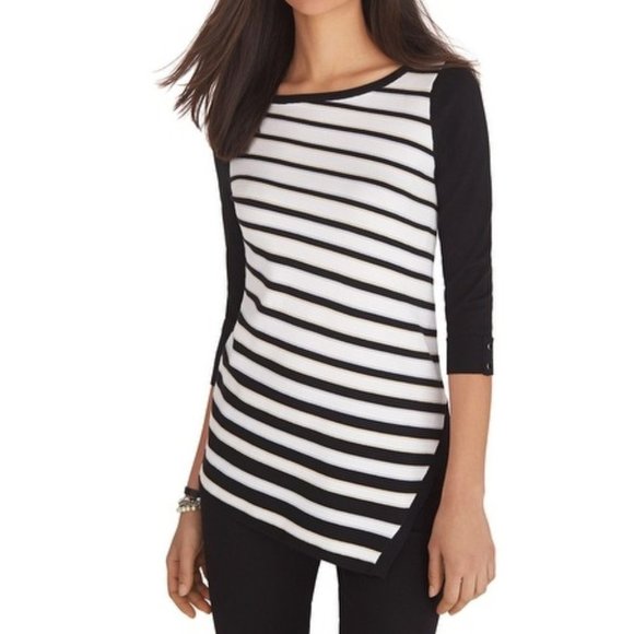 "WHITE HOUSE BLACK MARKET" 3/4 SLEEVE ASYMMETRICAL STRIPE SWEATER SIZE: XS NWT - Picture 1 of 5